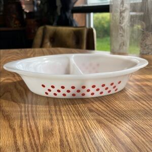 Glasbake white with red polka dots dish